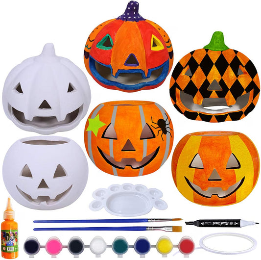 6-Set DIY Ceramic Pumpkin Painting Kit – Jack-o'-Lantern Figurines for Kids, Halloween Classroom Crafts & Party Décor