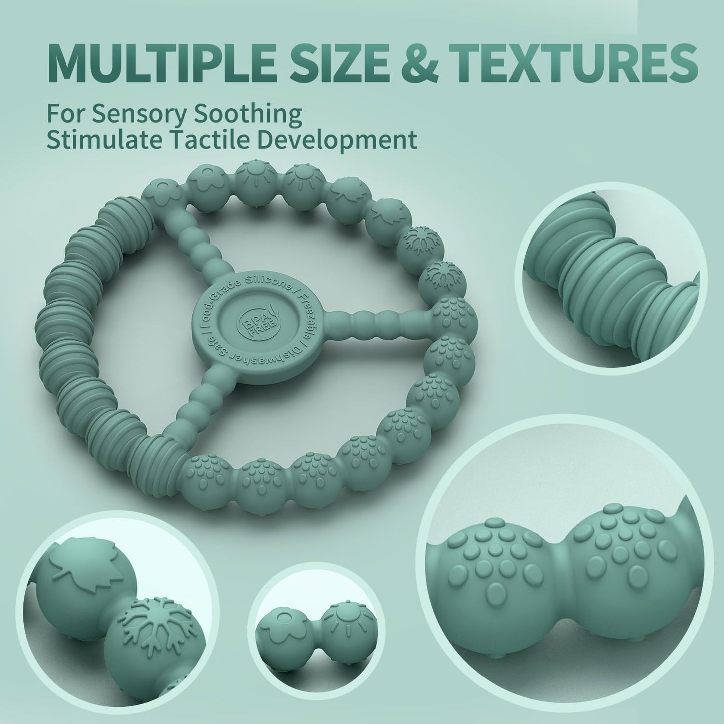 3-Pack Baby Silicone Ring Teethers – Freezer-Safe Textured Chew Toys for Teething Relief (Mint Green & Blue, 3–12 Months)