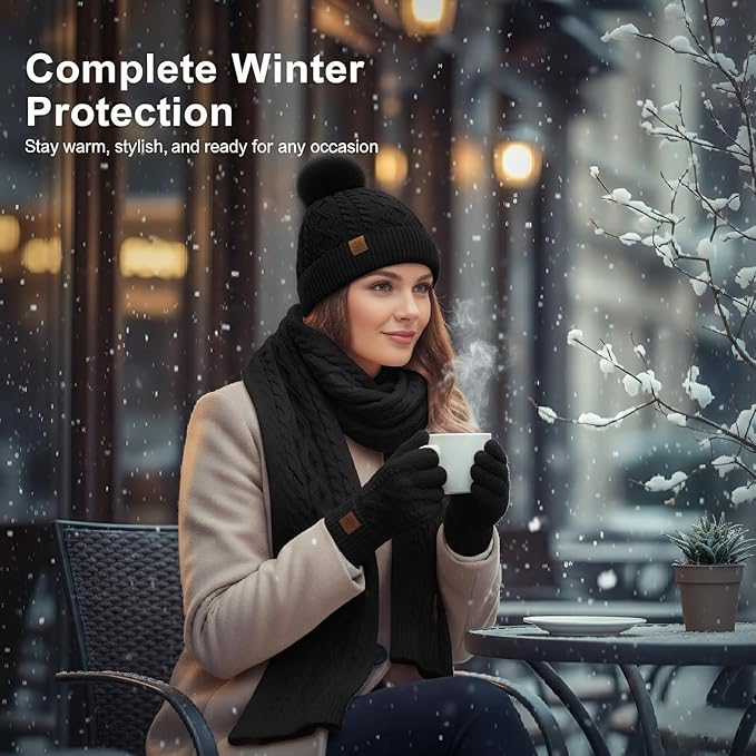Winter Beanie Hat Scarf Gloves Headband Set – Knit Beanie, Warm Scarf, Touchscreen Gloves & Ear Warmer, Gift for Women & Men