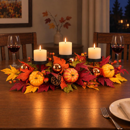 Fall Candle Holder Centerpiece – 3-Candle Thanksgiving Table Décor, 27.56-Inch Autumn Arrangement