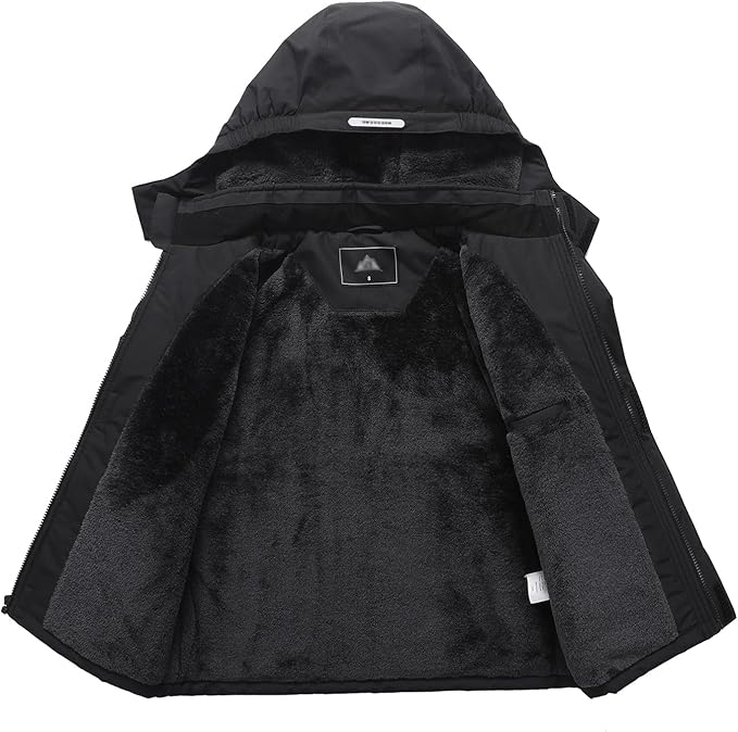 Kids’ Waterproof Ski Jacket (Black) – Fleece-Lined Winter Coat with Detachable Hood