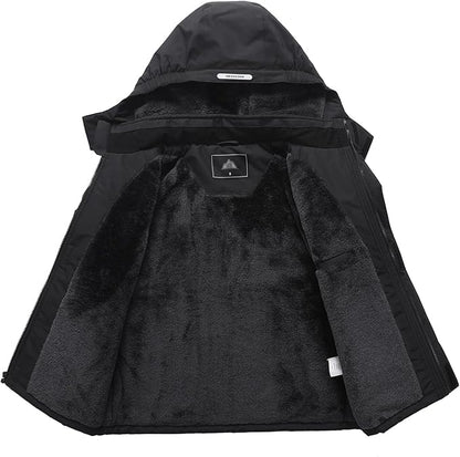 Kids’ Waterproof Ski Jacket (Black) – Fleece-Lined Winter Coat with Detachable Hood