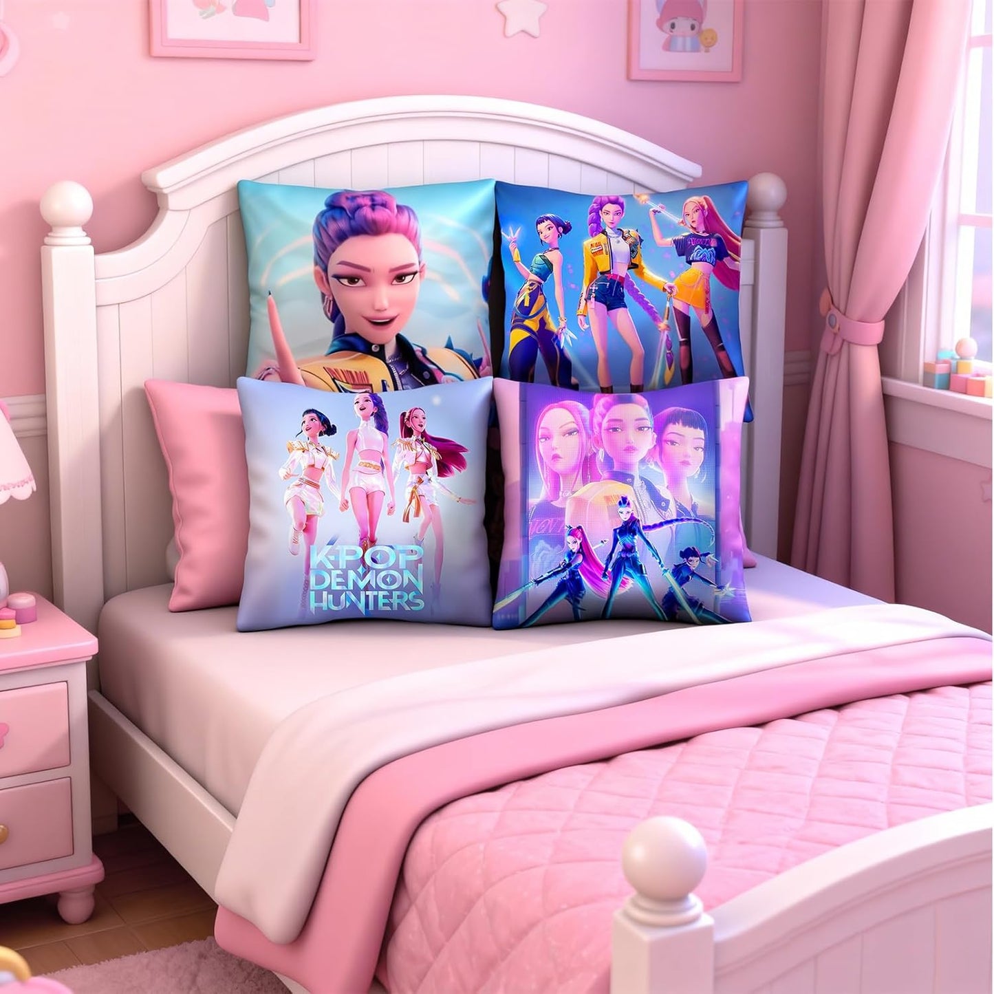 Demon Hunters Pillow Covers (4 Pack) – 18" x 18" Decorative Polyester Pillowcases with 4 Designs