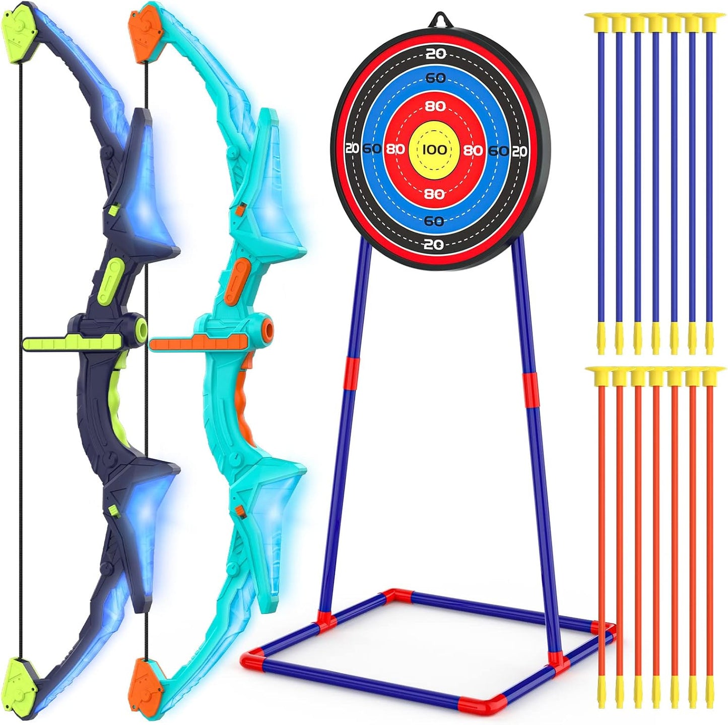2-Pack Kids Bow & Arrow Set – Light-Up Bows with 14 Suction Arrows & Target (Ages 4–12)
