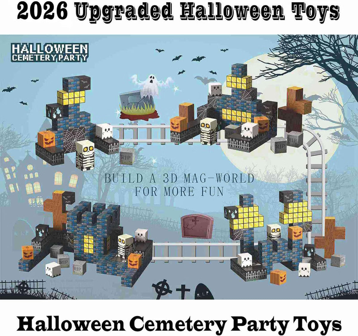 Halloween Magnetic Building Blocks – Skeleton Spooky Town Construction Toy for Kids