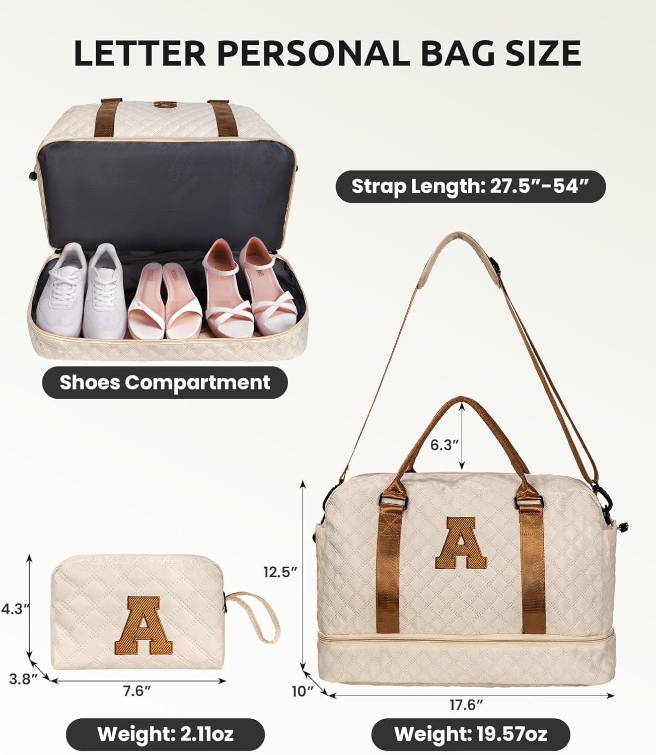 Initial Duffle Bag (Letter K) – Personalized Weekender with Shoe Compartment, Wet Pocket & Makeup Bag, Beige