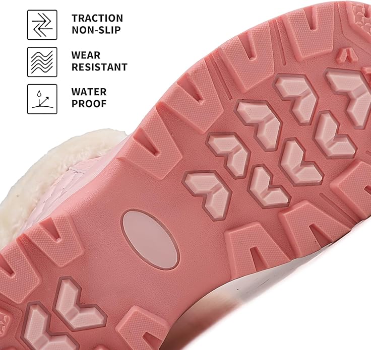 Women’s Non-Slip Insulated Snow Boots – Faux Fur Lace-Up Winter Shoes (Pink, Size 7)