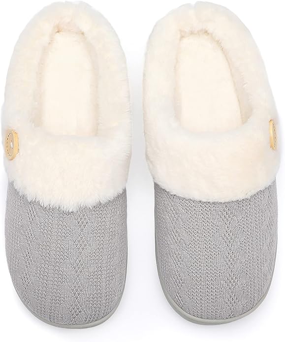 Women’s Memory Foam Slippers – Knitted Faux Fur Lined House Shoes with Anti-Skid Sole