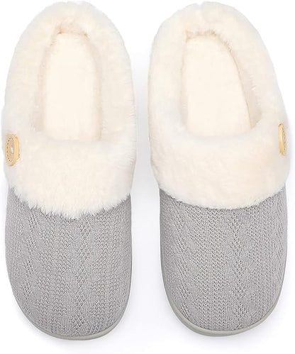 Women’s Memory Foam Slippers – Knitted Faux Fur Lined House Shoes with Anti-Skid Sole