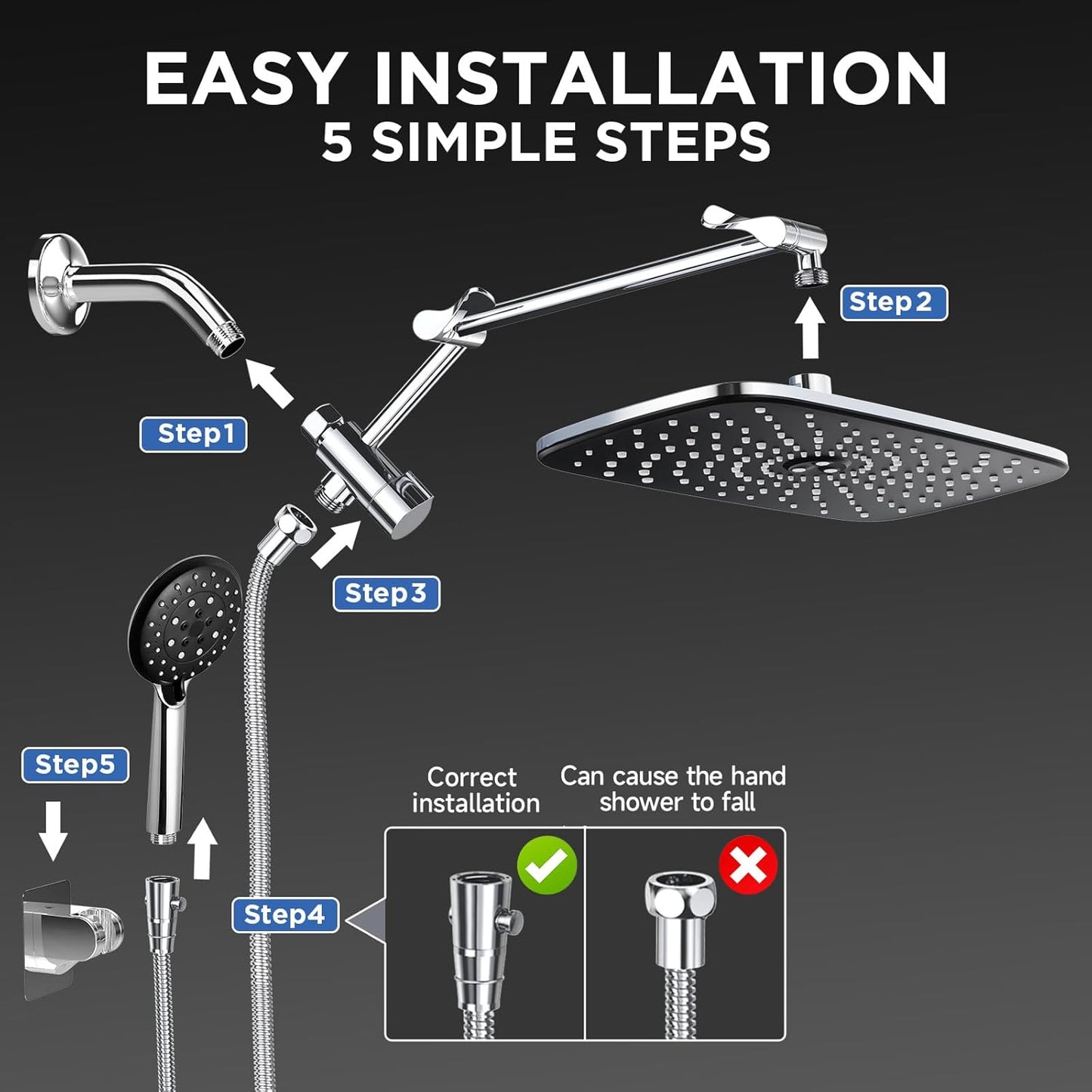 6-Mode Wide Rain Shower Head – High Pressure Handheld Shower Combo with Adjustable Arm and Anti-Clog Design