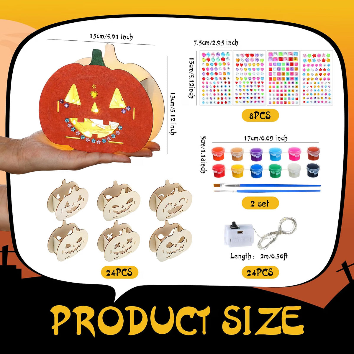 24-Set Halloween Wooden Pumpkin Painting Kit – DIY Fall Arts & Crafts Activity for Kids