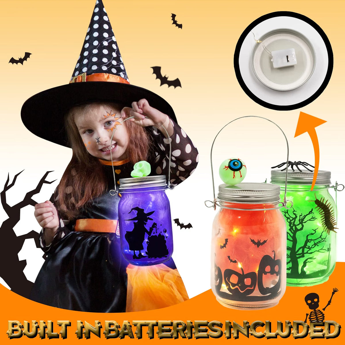 4-Piece Halloween Mason Jar Craft Kit for Kids – DIY Glass Jar Decorating Set with Accessories