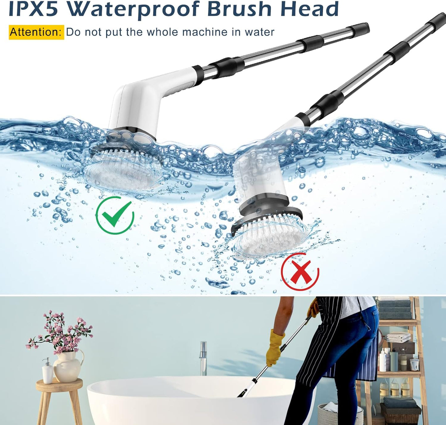 Cordless Electric Spin Scrubber with 8 Brush Heads – 90 Min Runtime, 3 Sizes, 2 Speeds