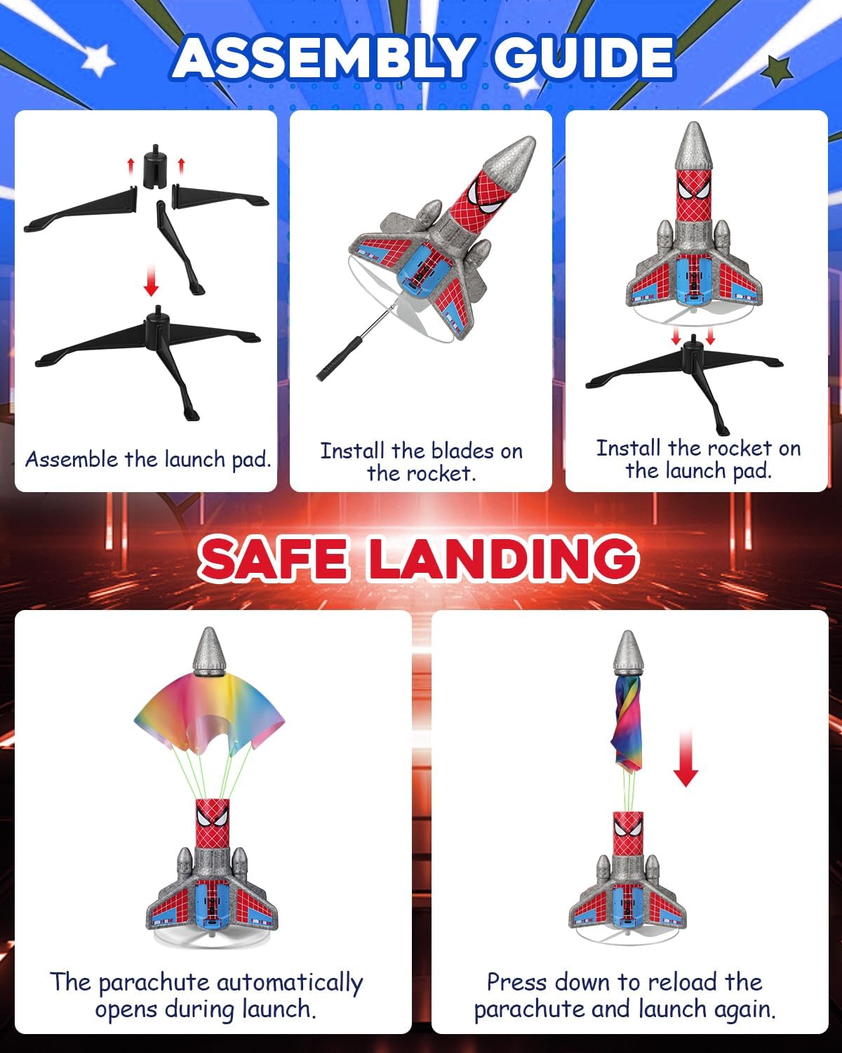 Electric Rocket Launcher for Kids – Auto Launch, 200ft Flight & Parachute (Ages 6–13, Spider Design)