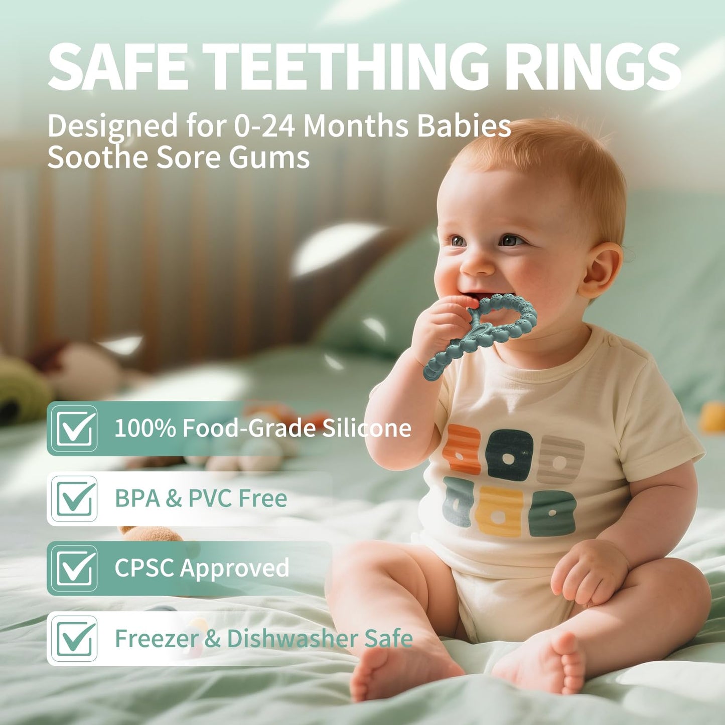 3-Pack Baby Silicone Ring Teethers – Freezer-Safe Textured Chew Toys for Teething Relief (Mint Green & Blue, 3–12 Months)