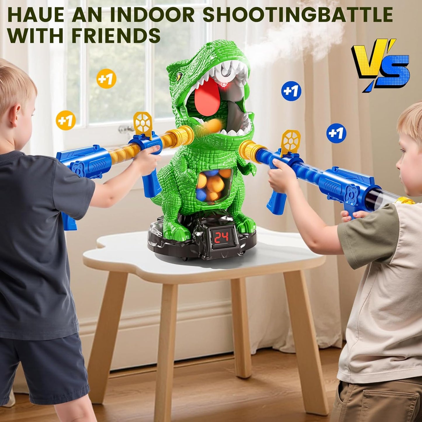 Movable Dinosaur Shooting Game – Electronic Target with 2 Air Pump Guns & 48 Foam Balls (Ages 3–9)