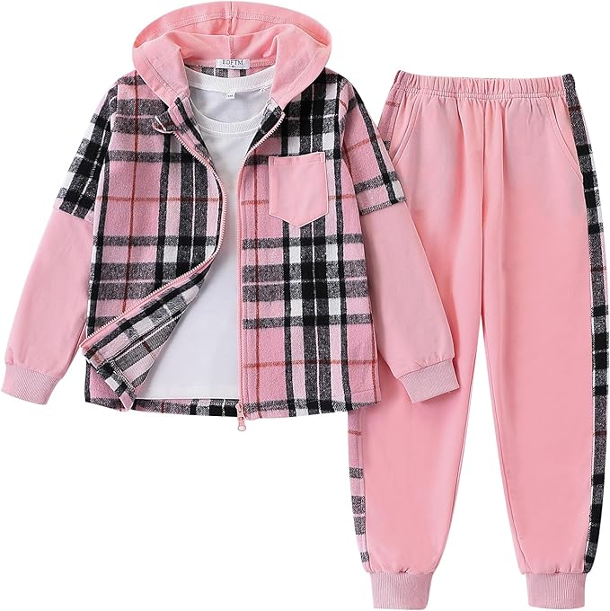 Girls’ 2-Piece Plaid Hoodie & Jogger Sweatpants Set – Zip-Up Flannel Outfit (Ages 7–8)