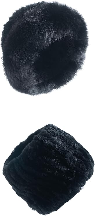 Luxury Fur Knit Hat Set – Rabbit Fur Cap with Fox Fur Brim & Convertible Headband