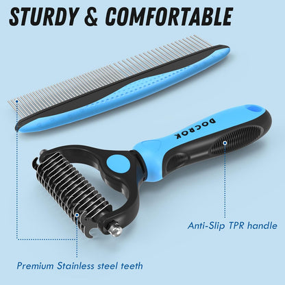 Pet Grooming Combo – Deshedding Brush & Metal Comb for Dogs & Cats with Long or Matted Fur – Blue
