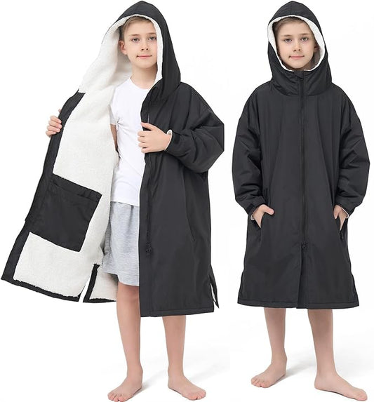 Kids Swim Parka – Windproof Sherpa-Lined Quick-Dry Robe Coat (Unisex, Small, 3'7"–4'9")