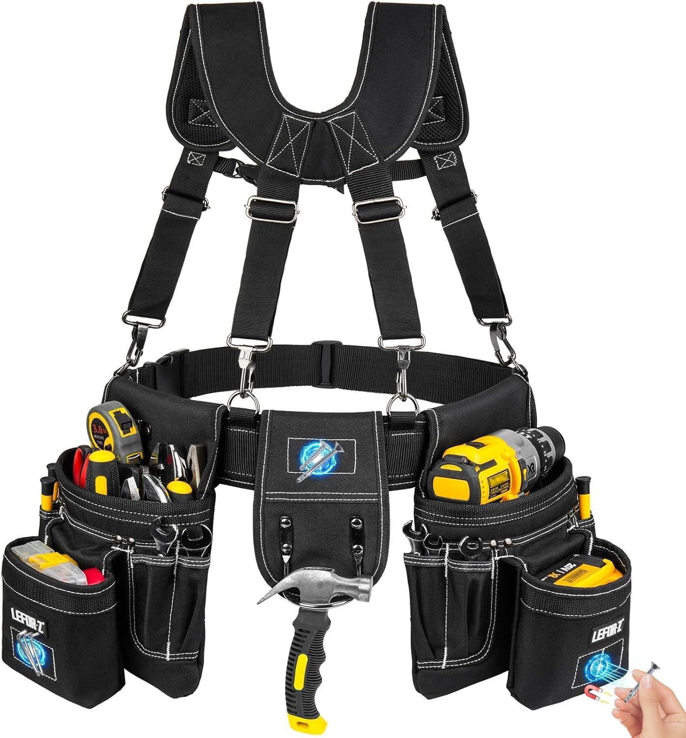 Tool Belt with Suspenders for Men–27 Pocket Heavy-Duty Adjustable Work Belt for Electrician, Carpenter & Construction