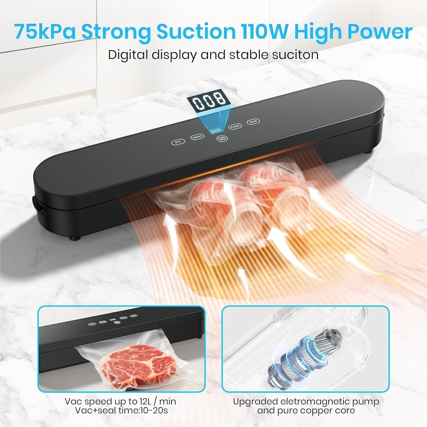 Food Vacuum Sealer Machine, 75kPa Compact Vacuum Sealer for Food, 4-in-1 Food Sealer with Digital Timer, Moist/Dry, Pulse, Seal Modes, Includes 20 Vacuum Bags, Perfect for Freezer Storage, Black
