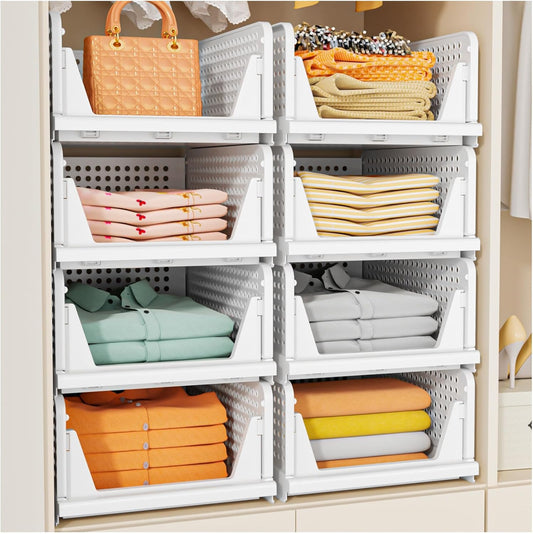 5 Pack Stackable Closet Storage Baskets – Foldable Space-Saving Organizer Drawers – White