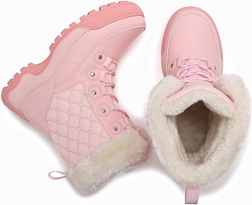 Women’s Non-Slip Insulated Snow Boots – Faux Fur Lace-Up Winter Shoes (Pink, Size 7)