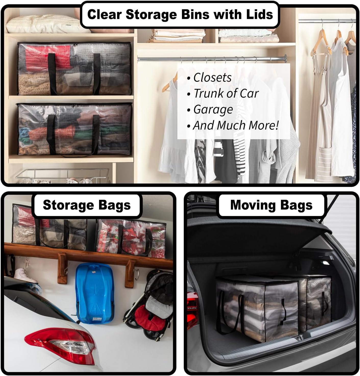 Clear Storage Bins with Lids & Heavy-Duty Moving Bags - 6 Pack Large Moving Boxes with Backpack Straps & Zippers for Dorm Packing