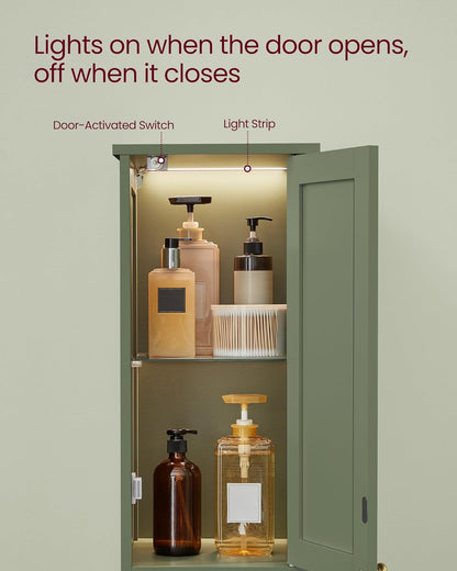 Slim Forest Green Bathroom Cabinet with Lights and Adjustable Shelves