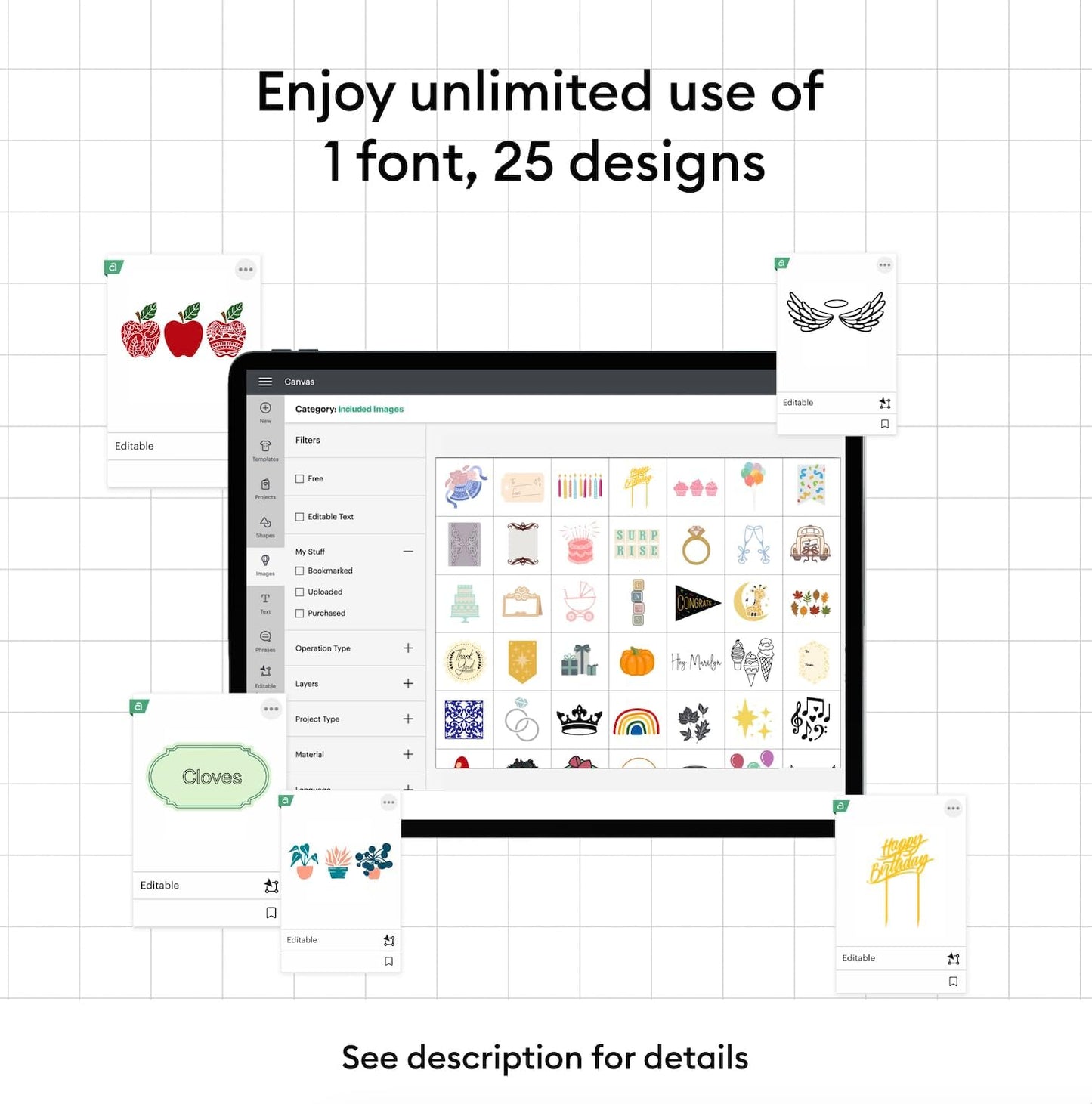Explore 4 Smart Cutting Machine (Seashell) - Digital Content Bundle Featuring Design Space App Images
