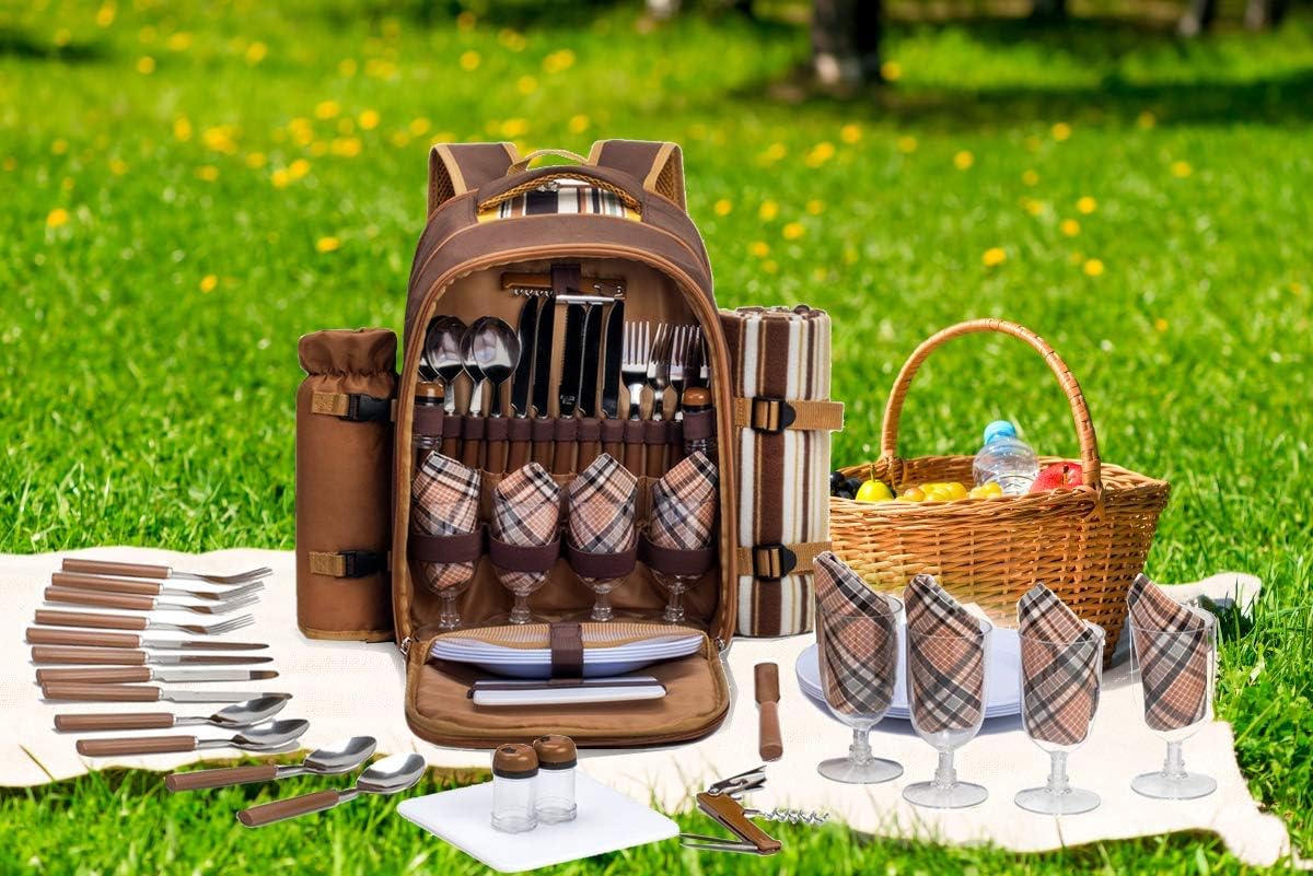 Picnic Backpack for 4 – Includes Cooler Compartment, Wine Bag & 45"x53" Blanket (Brown)