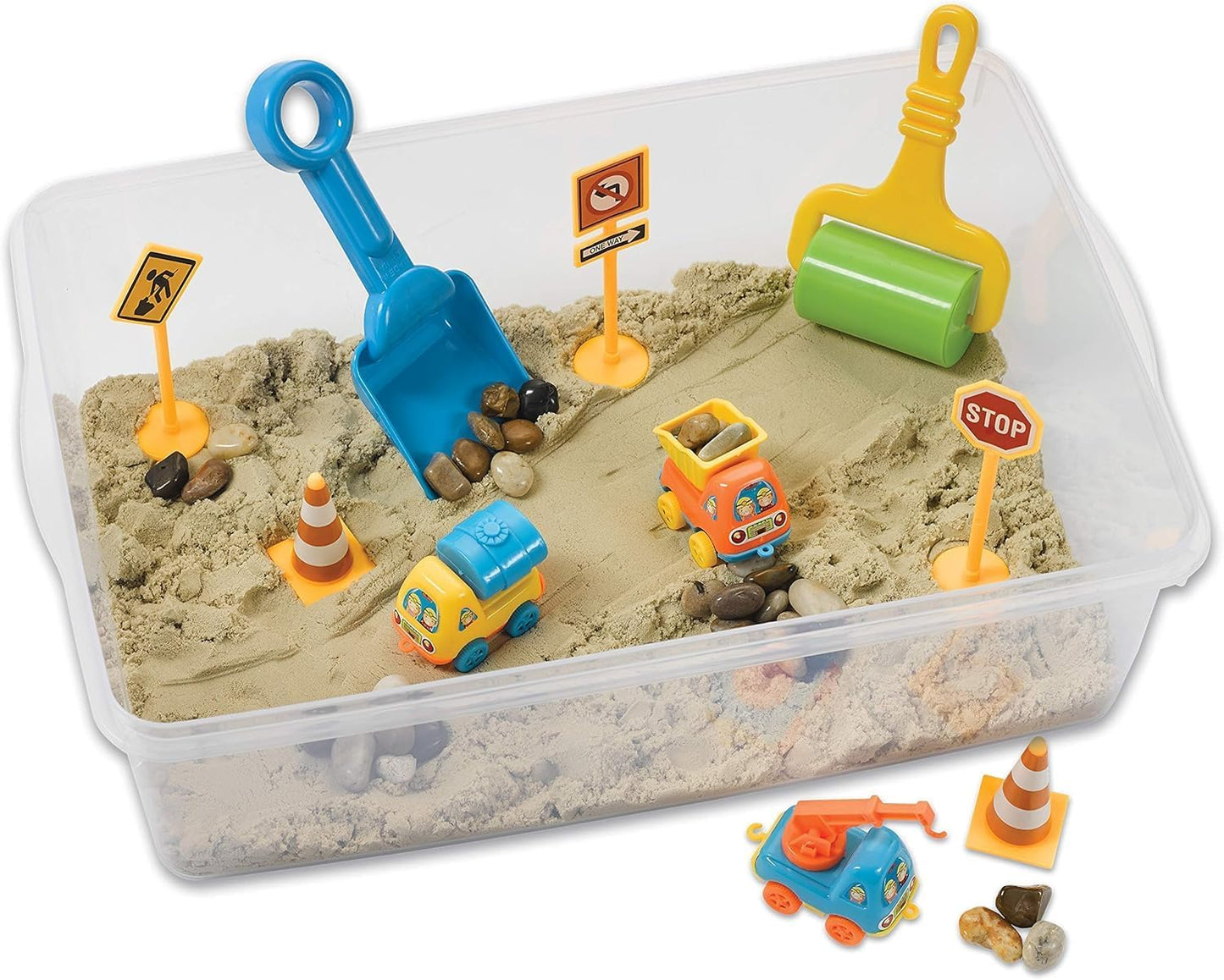 Construction Zone Sensory Bin Playset - Excavator Toys for Ages 3-5