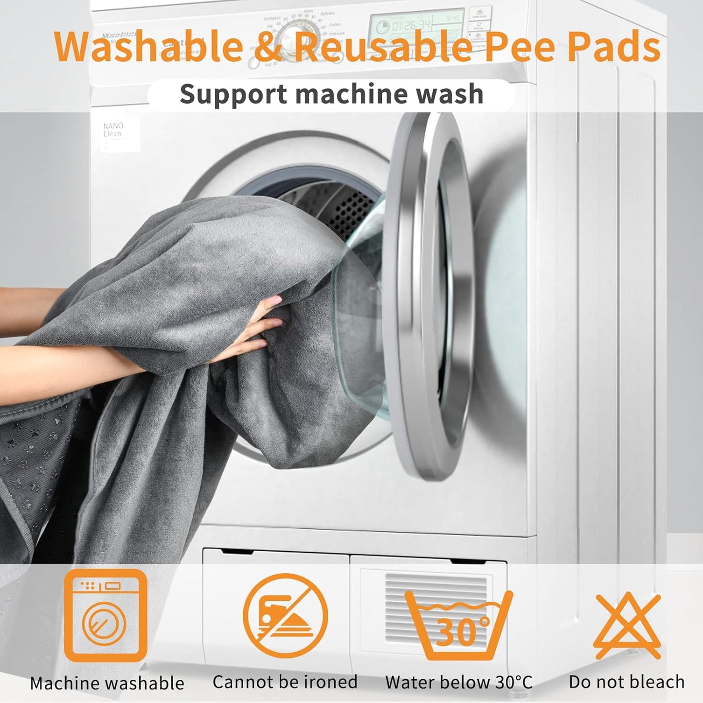 Extra Large Washable Dog Pee Pads (2 Pack) – Non-Slip Reusable Pet Mat, 36" x 48" – Gray