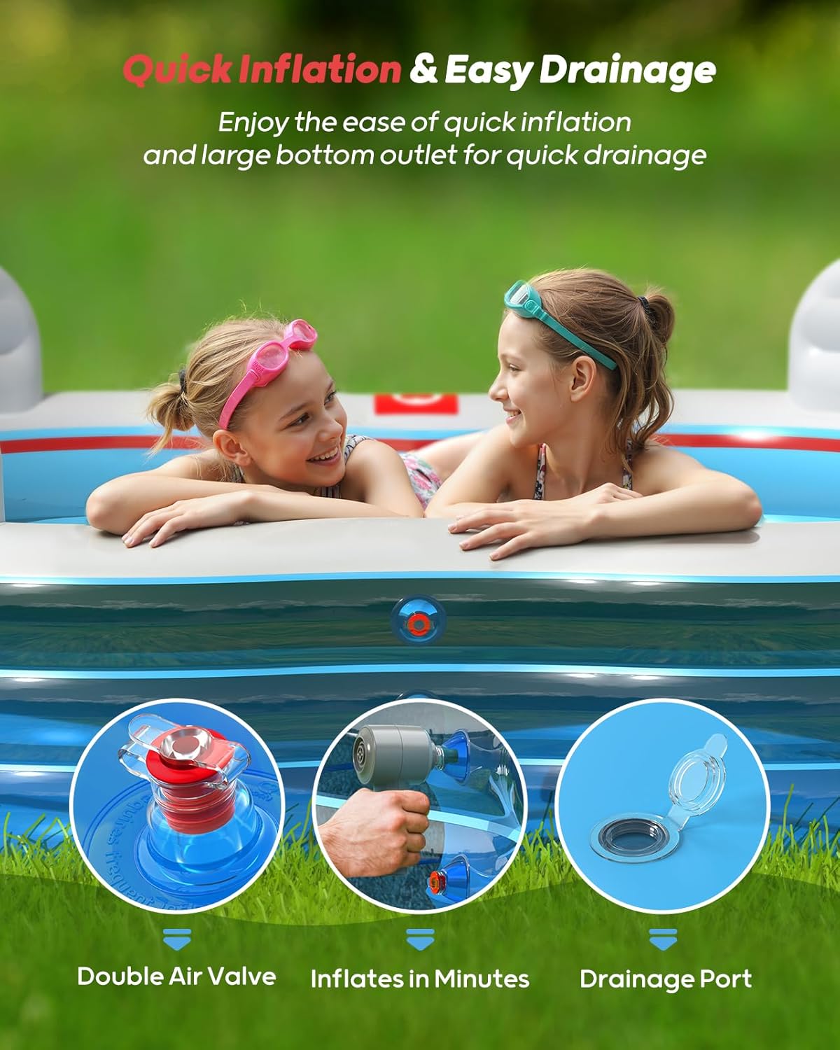 Full-Sized Inflatable Swimming Pool – Blow Up Family Pool with Seats & Backrests for Backyard Summer Fun – Clear Blue