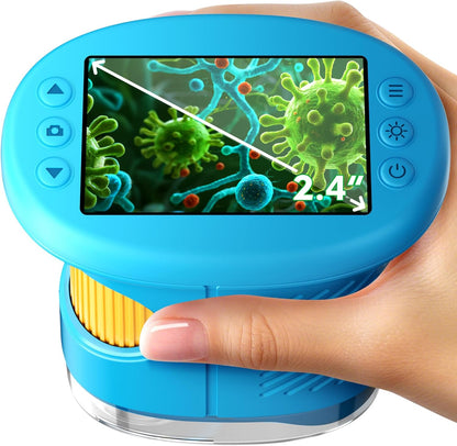 1000X Kids Handheld Digital Microscope – 4K 2.4" Screen with 12 Slides (Blue)
