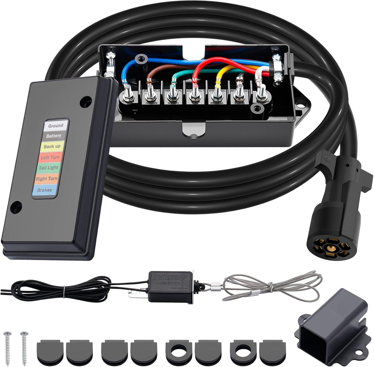 7-Way Trailer Wiring Harness Kit – 8 ft Cord with 7-Gang Junction Box, 12V Breakaway Switch & Plug Holder for Trailers, RVs & Campers
