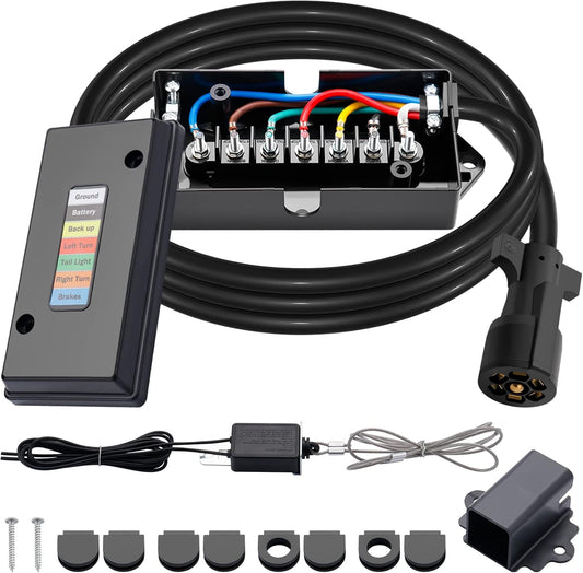 7-Way Trailer Wiring Harness Kit – 8 ft Cord with 7-Gang Junction Box, 12V Breakaway Switch & Plug Holder for Trailers, RVs & Campers