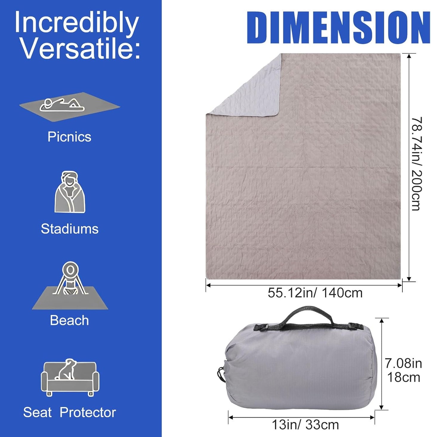 2-Pack Large Outdoor Blankets – Quilted Waterproof Windproof Fleece (78" x 55", Gray)