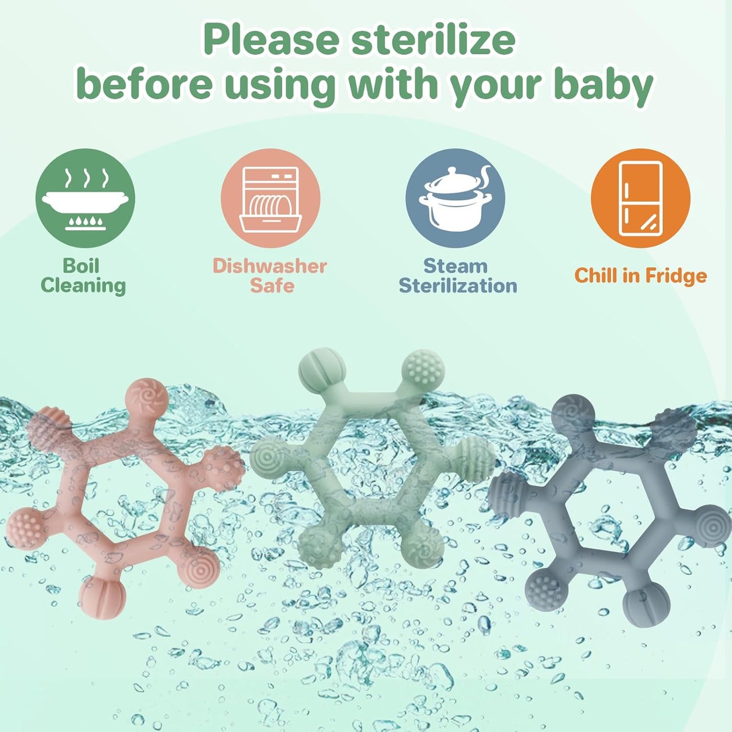 3-Pack Baby Silicone Teethers – BPA-Free Chew Toys for Teething Relief (Green, Blue & Pale Pink, 6–24 Months)