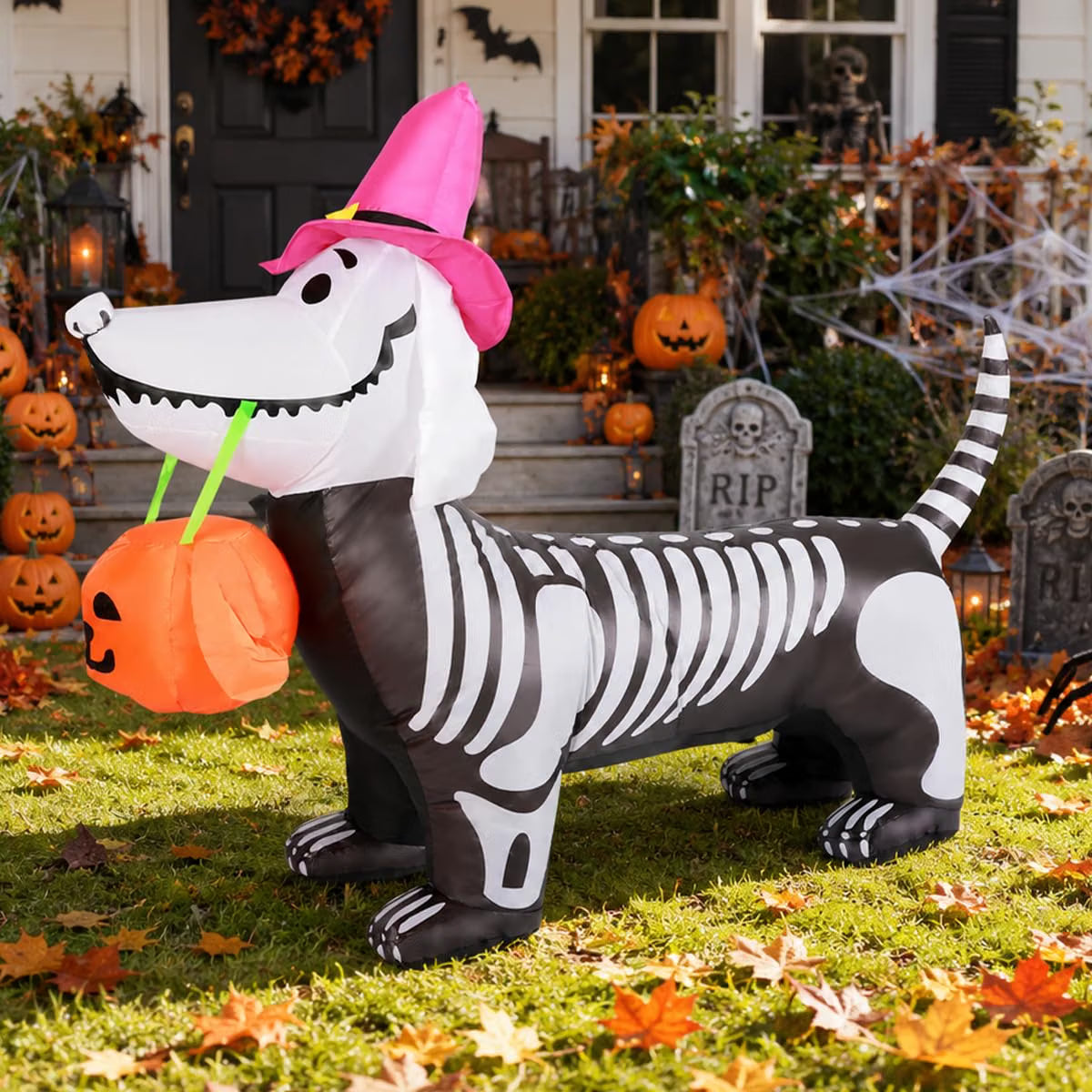 5.5 Ft Halloween Inflatable Skeleton Puppy – LED Light-Up Pumpkin Blow-Up Decoration for Indoor & Outdoor Yard, Garden & Party Décor