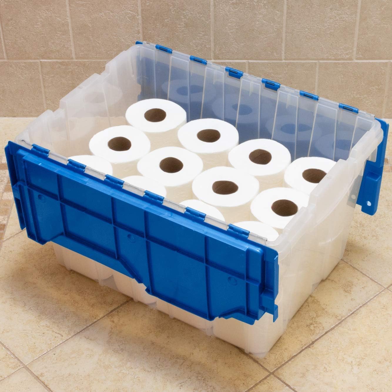 12-Gallon Stackable Plastic Storage Tote with Lid - Clear/Blue (21.5" x 15" x 12.5")