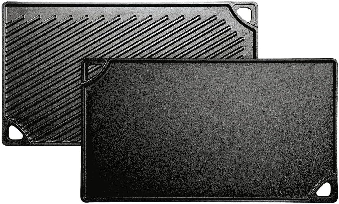 Reversible Cast Iron Grill/Griddle – Dual-Sided Double Burner Pan (Black)