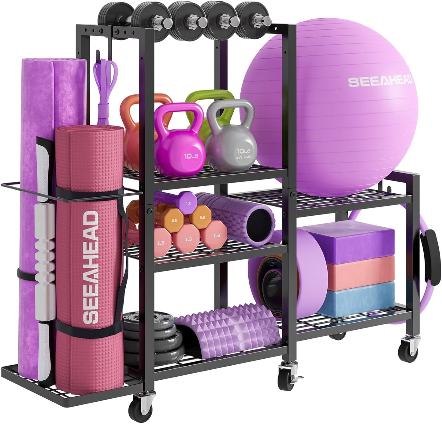 6-Tier Home Gym Storage Rack with Wheels – Multi-Purpose Organizer for Dumbbells, Yoga Mats & Fitness Equipment