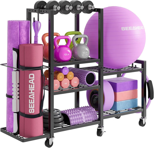 6-Tier Home Gym Storage Rack with Wheels – Multi-Purpose Organizer for Dumbbells, Yoga Mats & Fitness Equipment