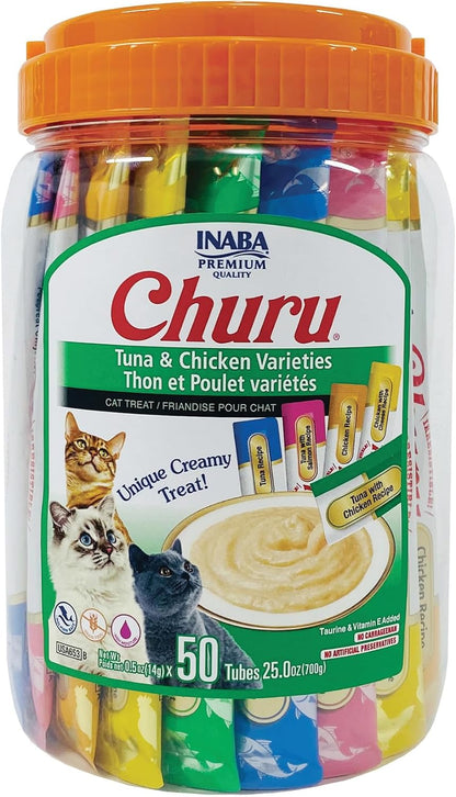 Lickable Creamy Cat Treats – Tuna & Chicken Variety with Taurine, 50 Tubes (0.5 oz Each)