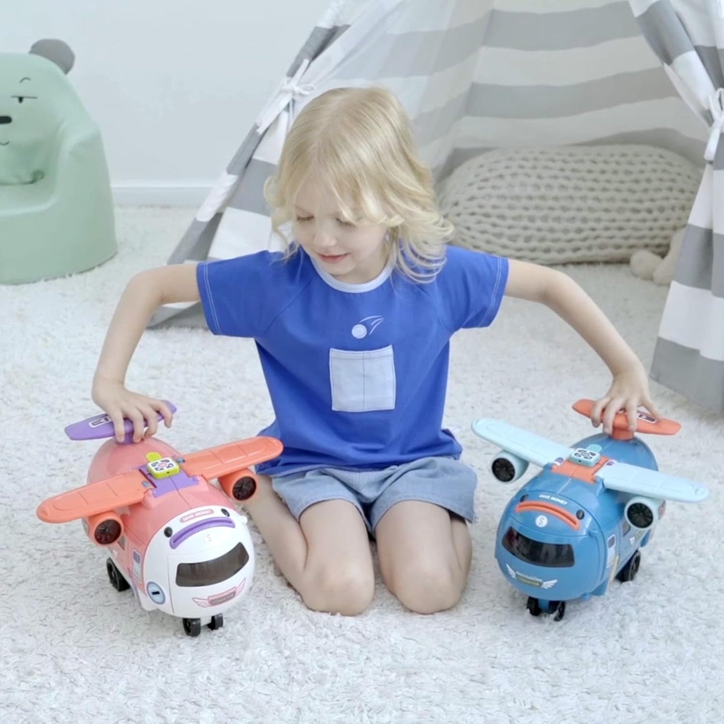 Airplane Car Toy with Steering Wheel – Sound & Light Educational Driving Toy for Kids (Ages 3+, Blue)