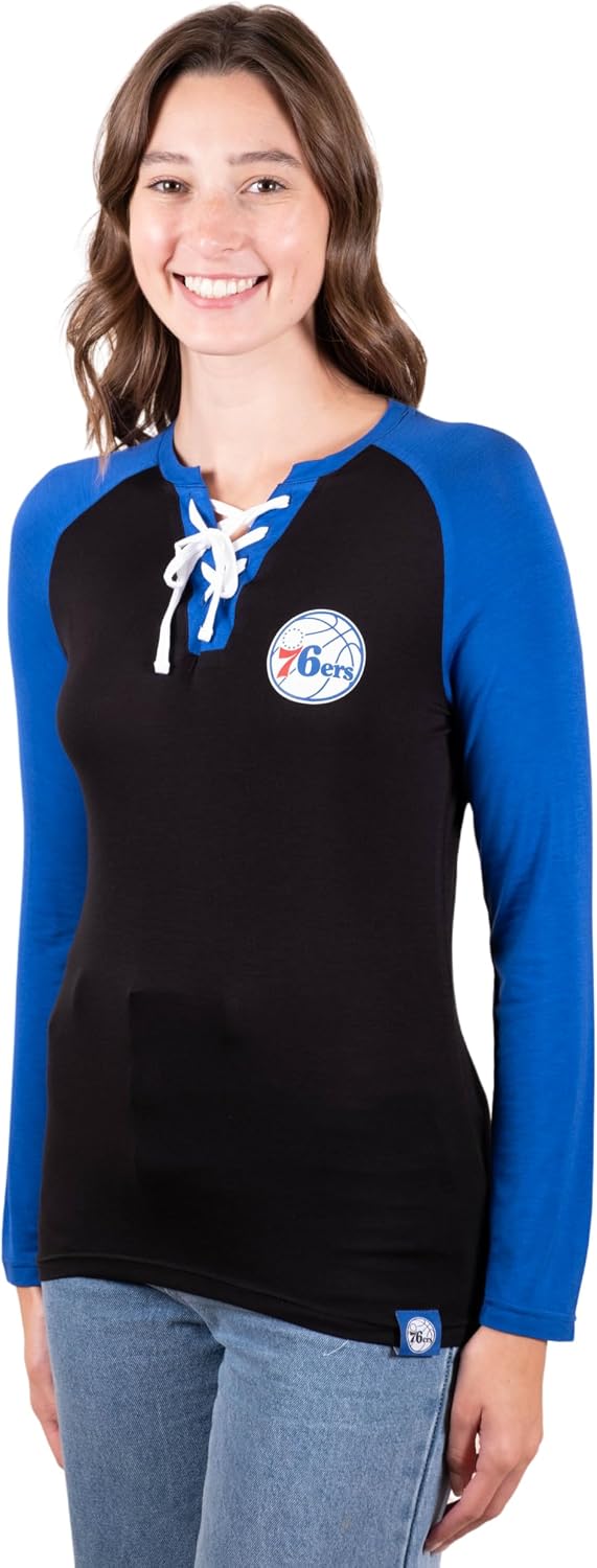 Women's Philadelphia 76ers Official NBA Super Soft Long Sleeve Lace-Up Shirt – Basketball Fan Top, Medium