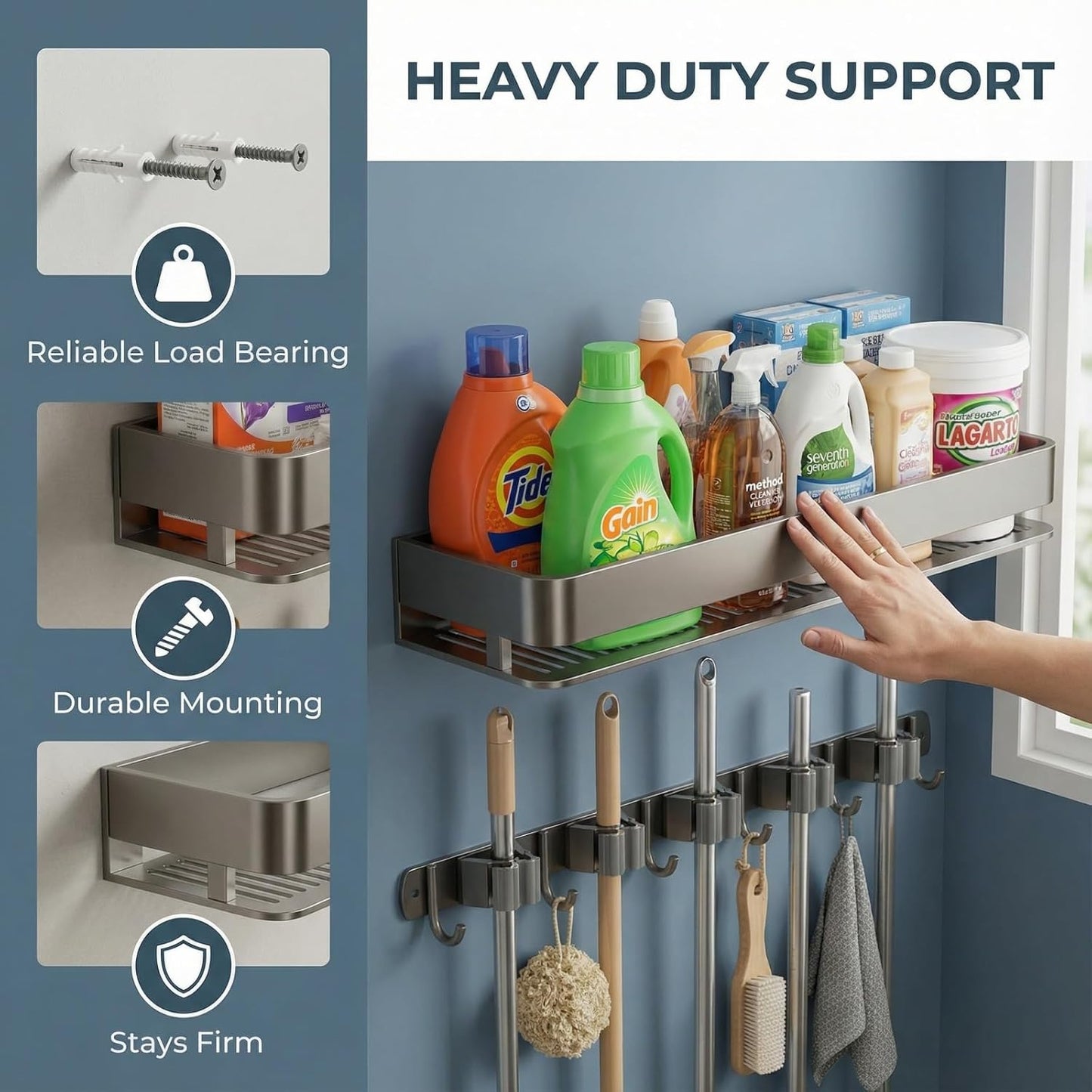 Wall Mount Organizer with Shelf & Heavy-Duty Hooks – Holder for Brooms, Mops, Vacuums & Cleaning Supplies – Garage, Laundry & Closet Storage