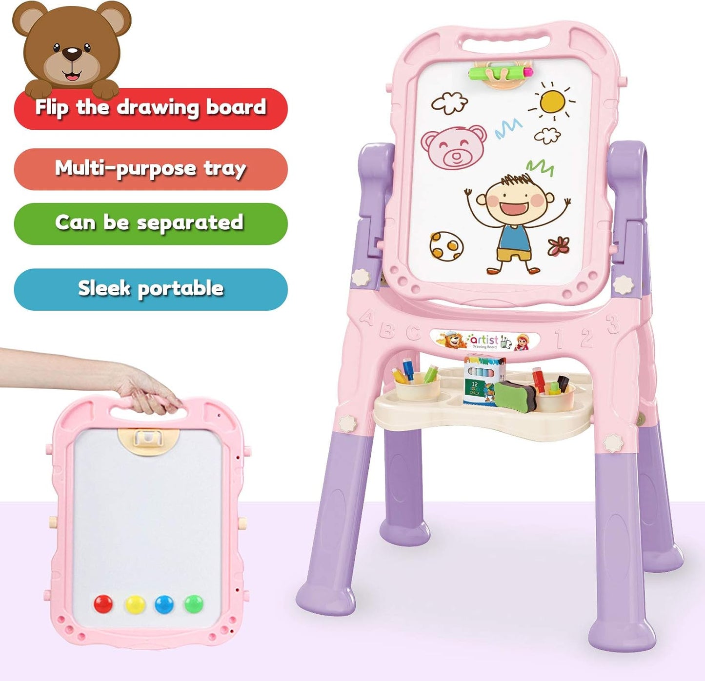 Kids Art Easel – Adjustable Double-Sided Rotating Easel with Painting Accessories (Pink)